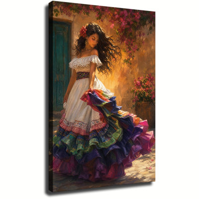 Print Canvas Wall Art, Mexican Folk Dancer Colorful Ruffled Dress Bougainvillea Rustic Wall Decor