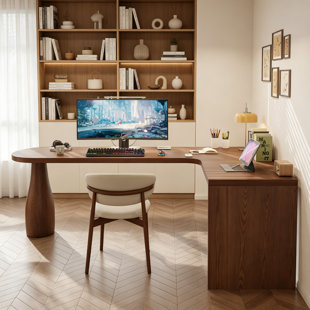 Simple Solid Wood Brown Pine L-Shaped Desk