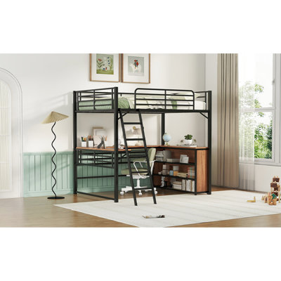 Lit mezzanine en métal noir avec tablettes à 3 niveaux et bureau de travail en forme de L. Coin de chambre polyvalent. Métal. Assemblage facile. Idéal pour les amateurs de bureau, noir. Mobilier essentiel. . À assembler.