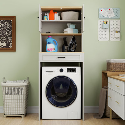 Over The Washer And Dryer Storage Cabinet Suitable For Compact Washing Machines, Laundry Room Storage Organizer With 1 Door, A Adjustable Shelf And A Fake Drawer Design-Antique White