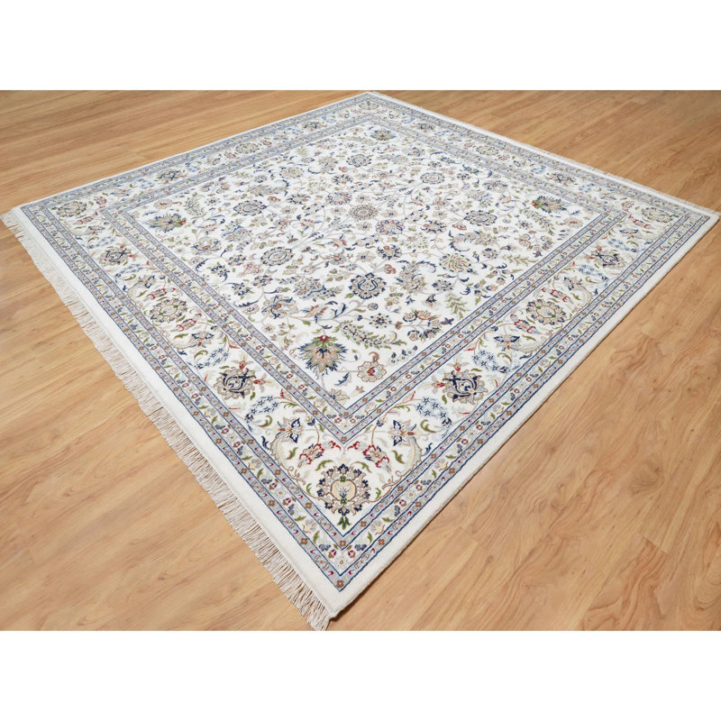 Tapis carré 9 pi 8 po x 10 pi 0 po blanc, en laine et en soie, noué à la main, 250 KPSI