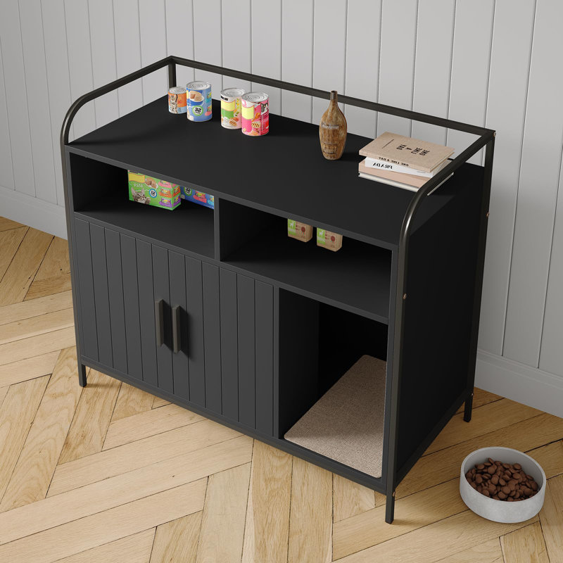 Meuble à litière caché pour chat - armoire fermée noire avec 2 compartiments de rangement, tapis à griffer et portes doubles, table de bout élégante