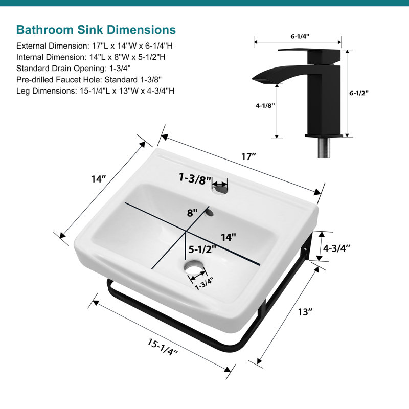 Lavabo de salle de bain mural encastré à console rectangulaire en céramique avec robinet de lavabo et base de support 17 po L x 14 po