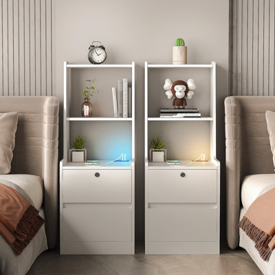 Nightstands Set Of 2, With Charging Station, Smart Nightstand With Night Light, Modern Night Stand With Bookshelf, Bedside Tables With Storage Cabinet For Bedroom,White