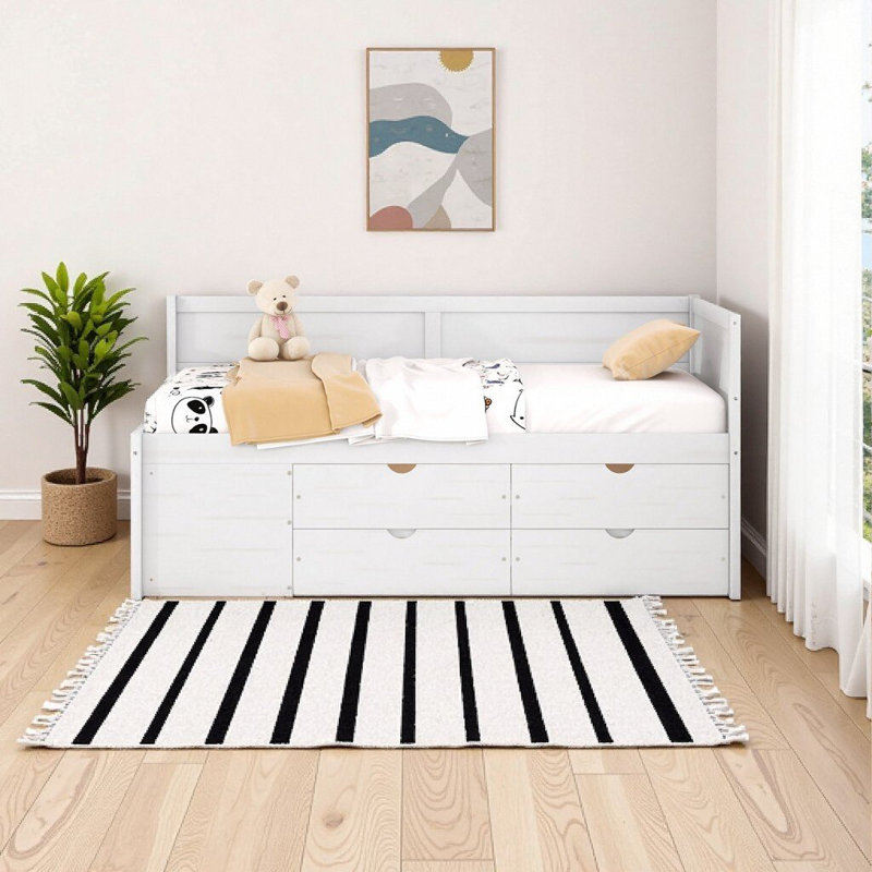 White Twin Daybed with Storage Drawers & Shelves, Solid Wood Frame, Space-Saving Design, White