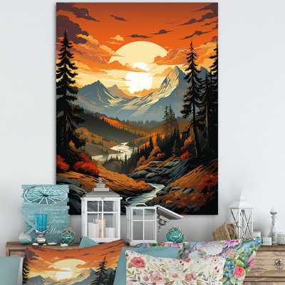 Coucher de soleil sur la montagne, rivière Riverview I - forêt et rivière, art mural