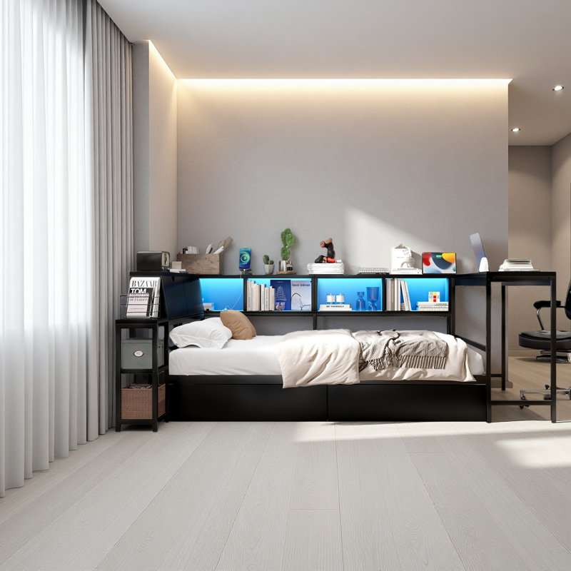 Cadre de lit d'angle avec bibliothèque et 2 tiroirs de rangement sous le lit, lit moderne avec lumière DEL et station de charge