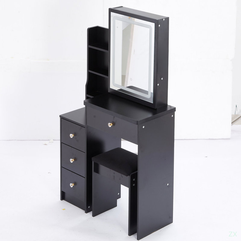 29.2" Small Size Left Bedside Cabinet Vanity Table + Cushioned Stool, Black