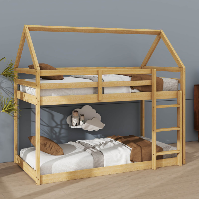 Twin-Over-Twin Floor Bunk Bed With House-Style Roof And Ladder, Loft Bunk Bed Equipped With Guardrails, Natural