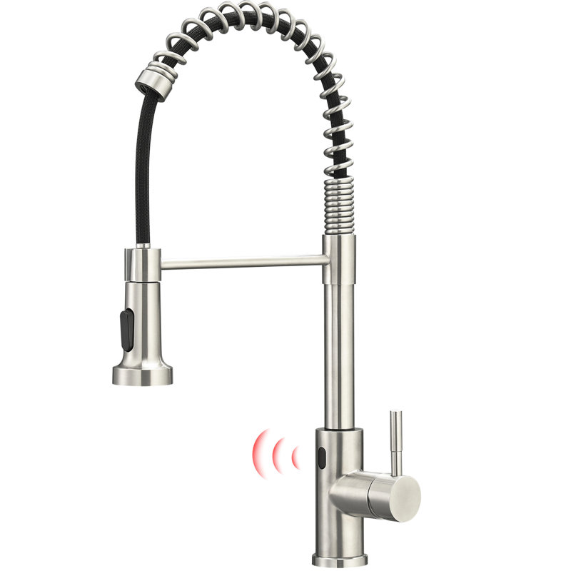 Motion Sensor Activated Kitchen Faucet, Brushed Nickel, Contemporary Temptation, Single Handle, Ceramic Filler, Brass Hands Lure, Sensor,