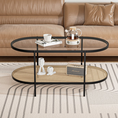Glass Top Coffee Table with Woven Metal Shelf