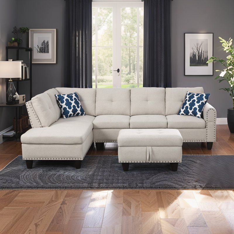98" L-Shaped Sectional Sofa With Storage Ottoman,Modern 4-Seat Couch With 2 Built-In Cup Holders,Nailhead Trim,And 2 Toss Pillows