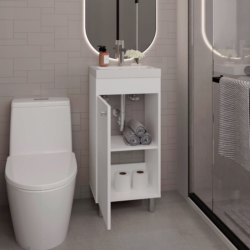 Meuble-lavabo de salle de bain avec lavabo, 1 porte, 4 pieds, 2 tablettes, Blanc