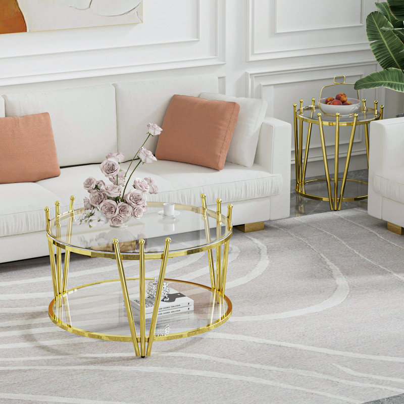 Table basse 31,5 "pour le salon, pieds en acier inoxydable, table ronde avec centre en verre trempé transparent de 8 mm