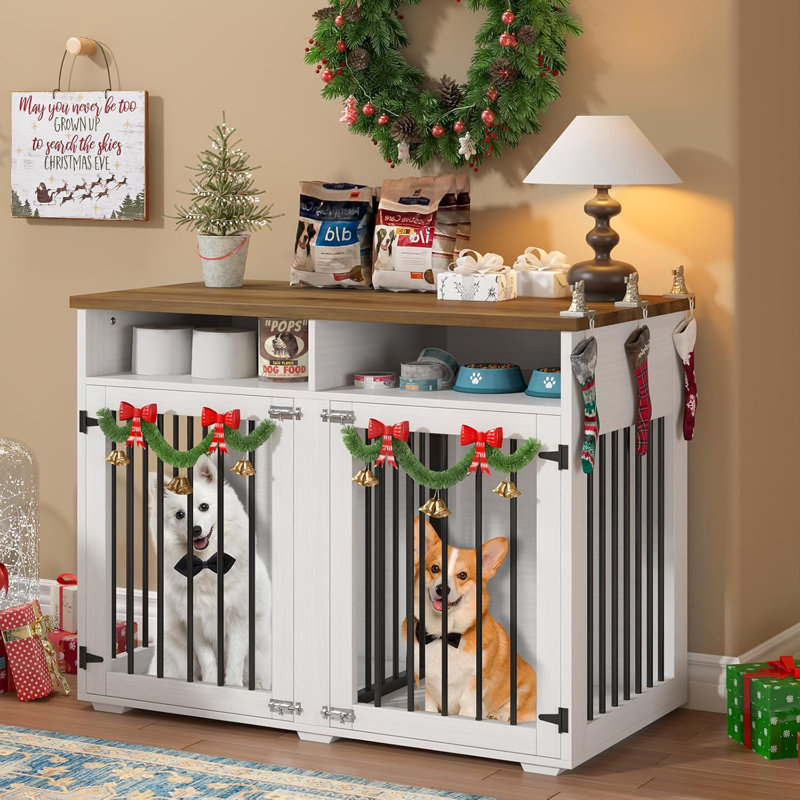 Dog Crate Furniture with 2 Doors, White/Brown, 35.03" H x 41" W x 23.62" D