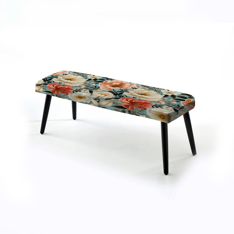 Banc noir rembourré Botanical, Motif de fleurs pastels de style bohème