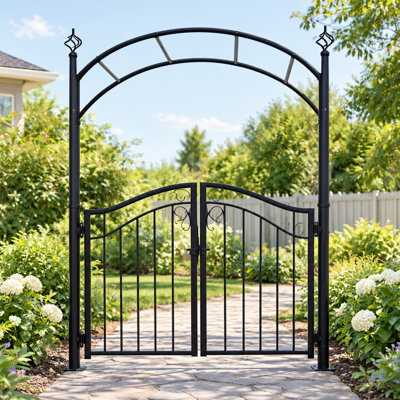 Outsunny 84" Garden Arch Arbor With Gate, Metal Arch Trellis, Garden Archway For Climbing Vines, Wedding Ceremony Decoration, Flourishes & Arrow Tips, Black