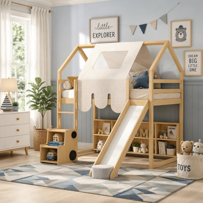 Lit mezzanine en bois avec structure en forme de maison, tente et rangement, idéal pour les chambres d'enfants et les espaces de sommeil ludiques