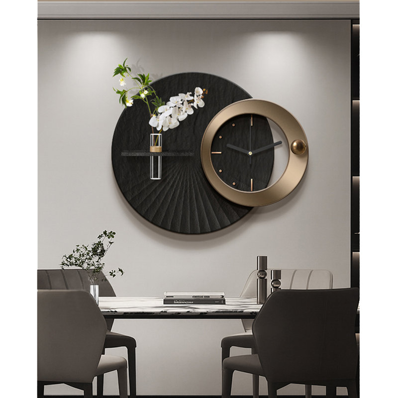 Art mural minimaliste en grès avec horloge et tablette hydroponique, H 31,5 po x l 39,37 po x P 1,97 po, Noir / argenté