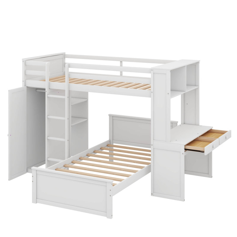 Hasel L Shaped Bunk Bed with Desk, Bookcase and Wardrobe, Gray, Twin over Twin