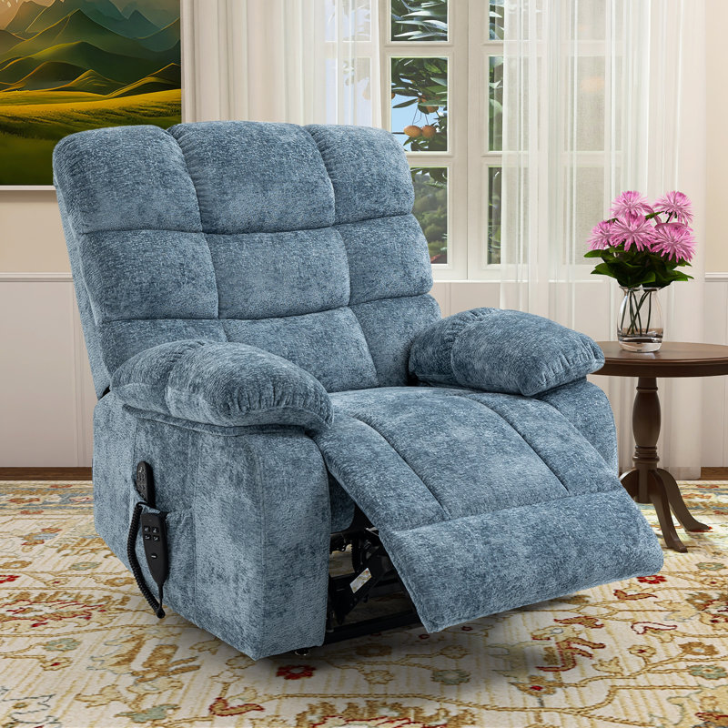 Ellieann Oversize 40.55" W Chenille Power Recliner, Heater, 180° Reclined, Flat Lay, Navy