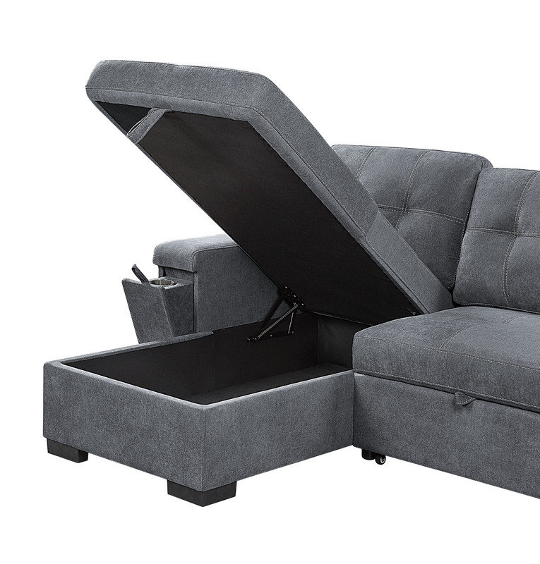Canapé-lit modulaire réversible en tissu tissé gris de 95 po avec porte-gobelet de rangement Toby, Tissu gris