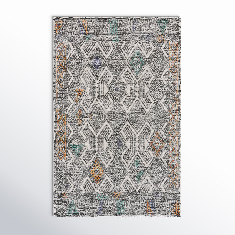 Eliel Geometric Hand Tufted Black/White/Orange Area Rug, Rectangle 3'6" x 5'6"