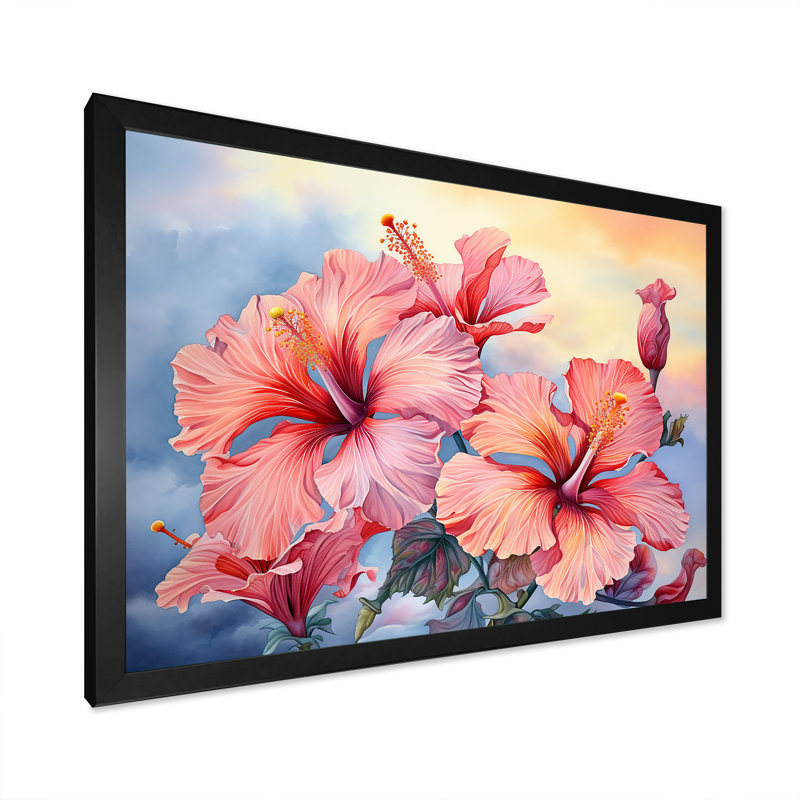 Hibiscus corail sur la plage II - reproduction sur toile, Cadre simple noir, H 30 po x l 40 po x P 1,5 po