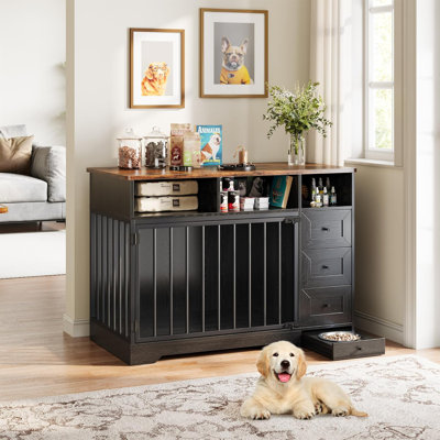 Farmhouse 48" Wooden Dog Crate End Table with Removable Tray, Storage Drawers & Food Bowl – Heavy Duty Indoor Kennel for Small to Medium Dogs