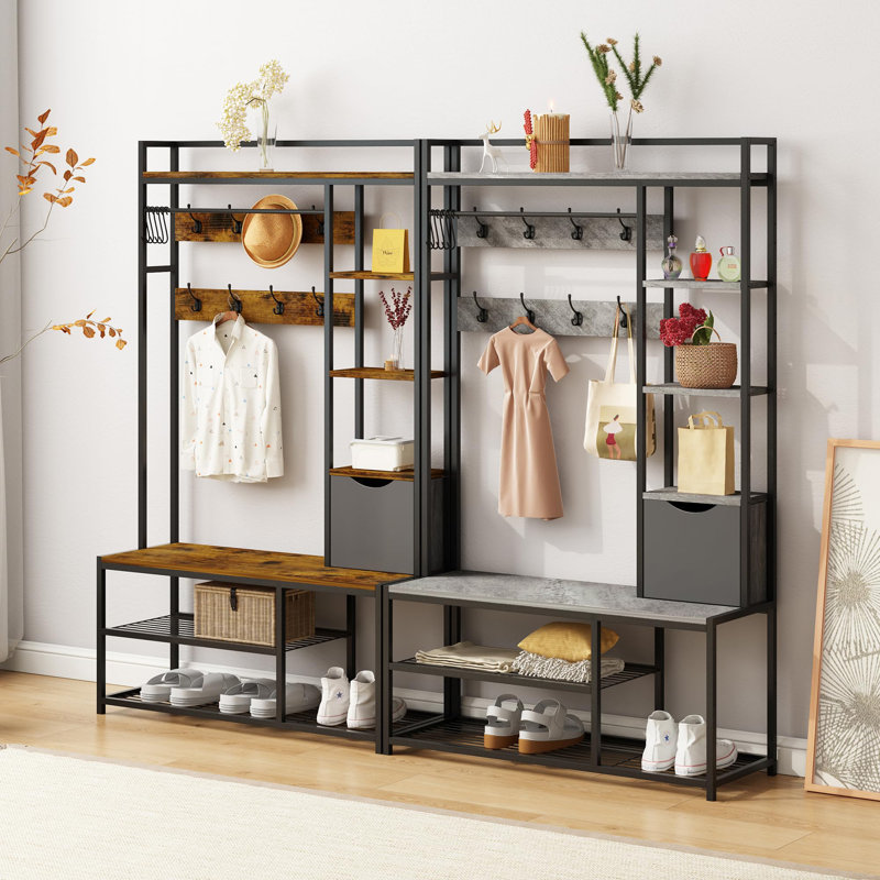 Hall Tree with Bench and Shoe Storage, Grey