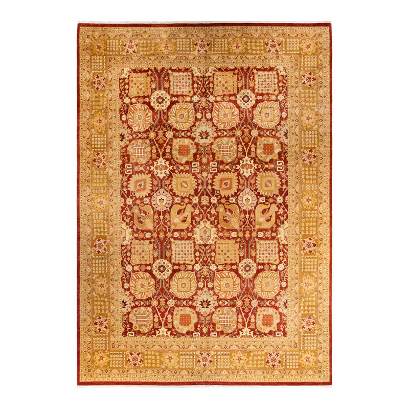Tapis ivoire / orange en laine noué à la main de conception unique 10 pi 1 po x 13 pi 8 po New Age