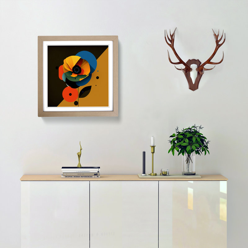 Poppy Flower Suprematism No.2 - Single Picture Frame Print on Wood, Oak