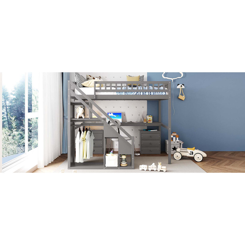 Lit mezzanine double avec commode, bureau et bande lumineuse, Gris, Double
