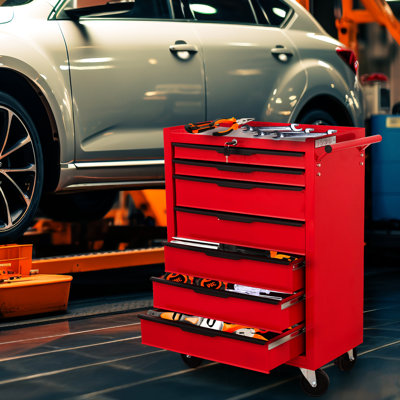 7 Rolling Tool Cabinet With Cylinder Lock - Heavy-duty Metal Box For Garage, Work Shop, Warehouse Red Chest Locking Mechanism Workshop