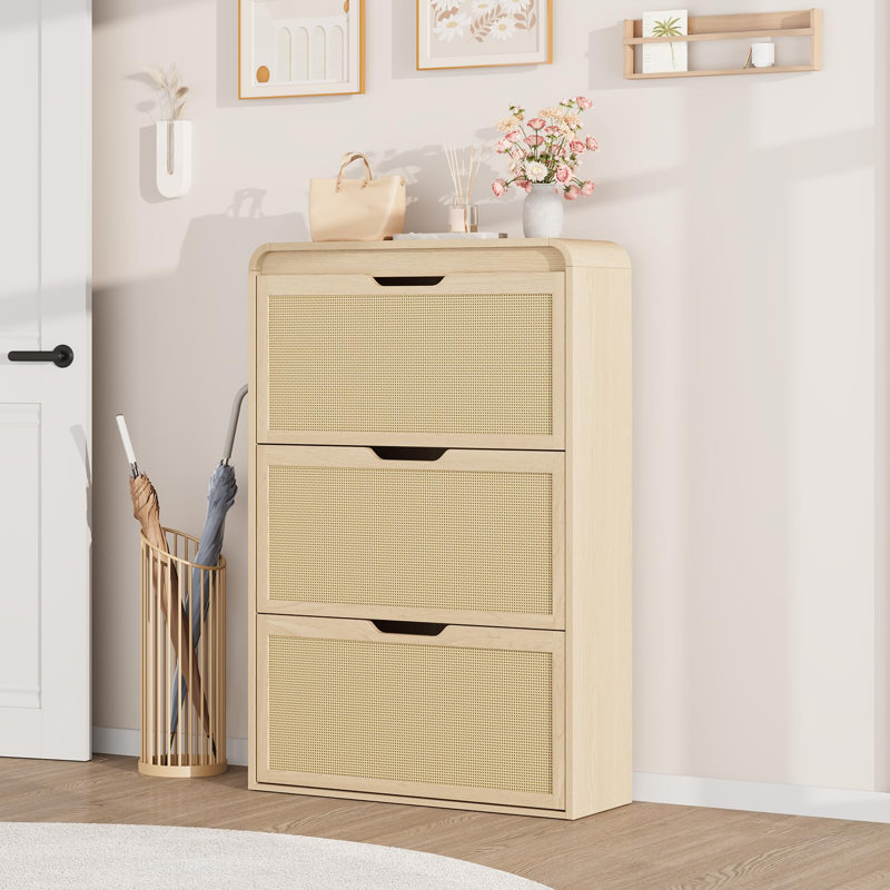 Rattan Shoe Cabinet with 3 Flip Drawers, Slim Rounded Edge Entryway Shoe Storage Organizer, Natrual
