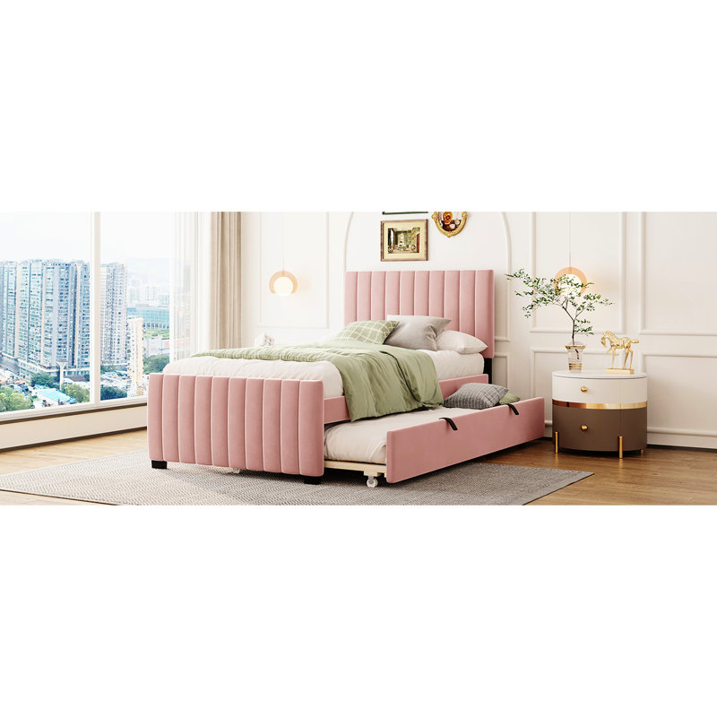 Lit gigogne simple rose rembourré - construction solide, utilisation polyvalente, pas de sommier tapissier avec et, design