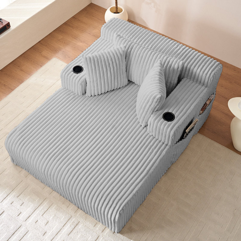Canapé-lit en velours côtelé moelleux avec accoudoirs, porte-gobelets et poches de rangement latérales , Gris