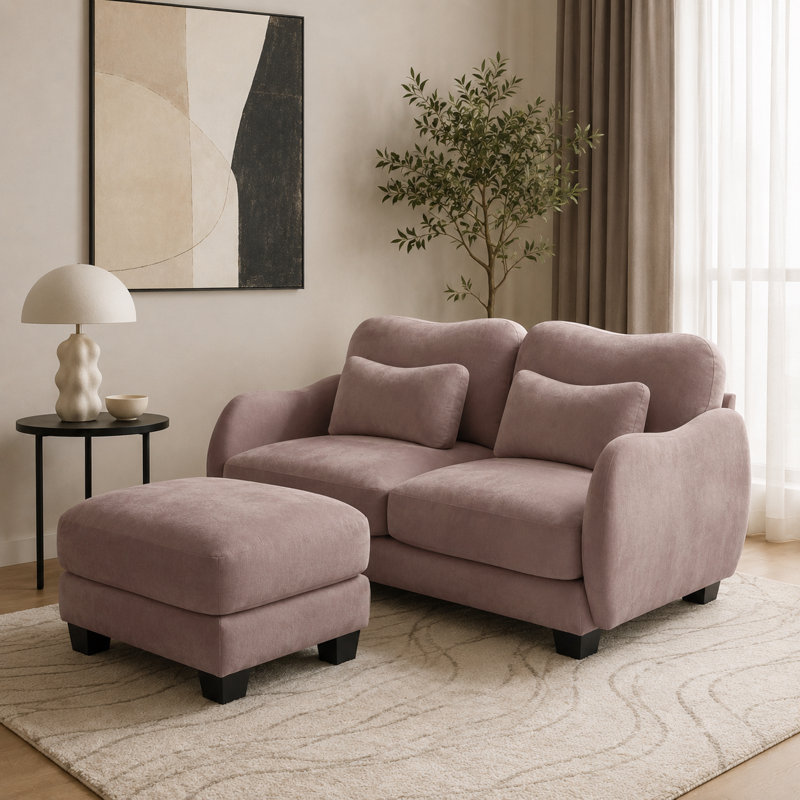 Canapé courbé Rosman avec repose-pieds, repose-pieds et coussins lombaires en chenille, Rose poussière