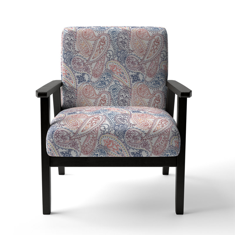 Chaise avec accoudoirs en velours rose et bleu à motif cachemire floral