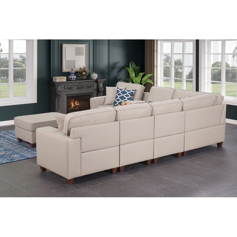 Canapé modulaire à accoudoirs carrés 125,25 po, Similicuir beige