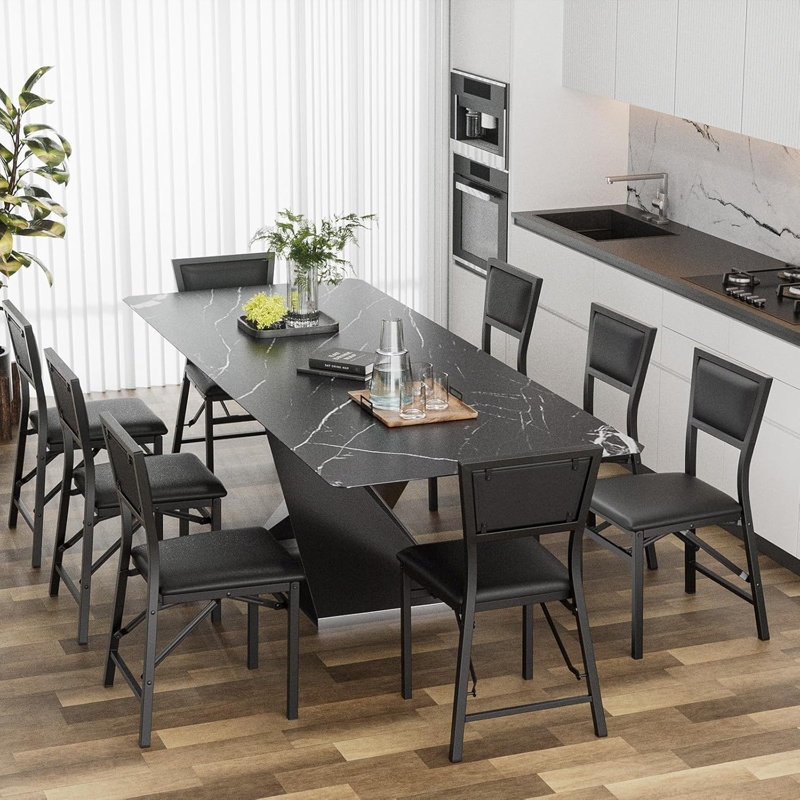 2Pcs Set Square Black Folding Dining Chairs 17.32"18.9"31.5" Iron Frame + PU Cushion
