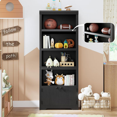 5 Tier Bookshelf with 2 Doors, 69"Tall Farmhouse Bookcase with Adjustable Shelves, 31.5''W Open Display Storage Rack for Home Office, Living Room, Library, Black W600