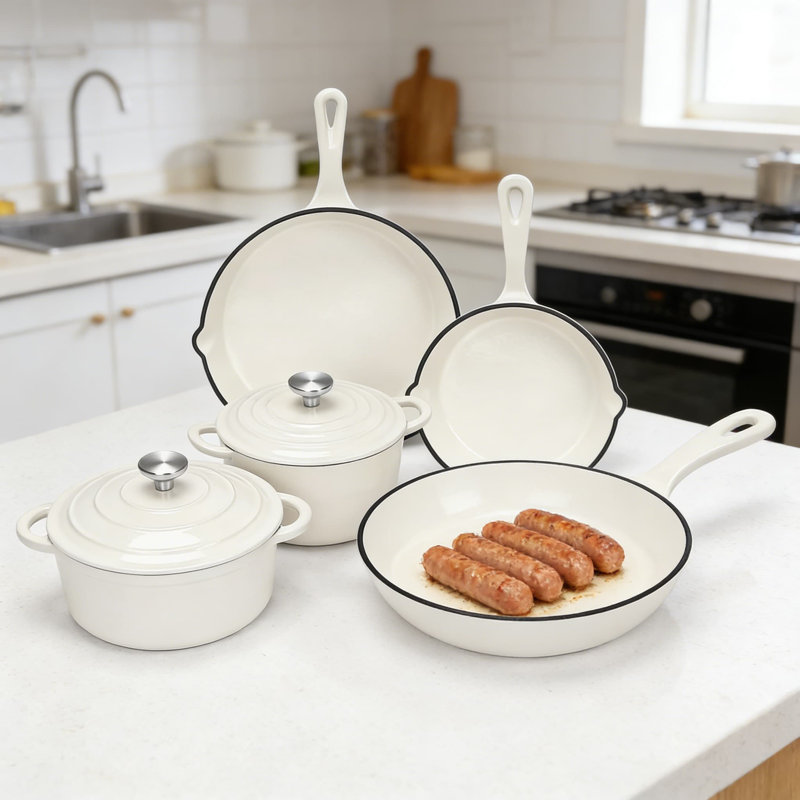 Ensemble de batterie de cuisine en fonte émaillée, casseroles et poêles antiadhésives 8 pièces avec couvercles, comprenant une cocotte, une poêle et une casserole pour toutes les surfaces de cuisson, une répartition uniforme de la chaleur pour la cuisson, le rôtissage et le sautage