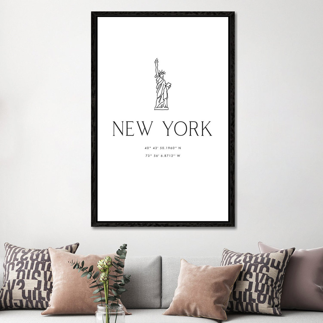 New York Coordinates With Statue Of Liberty Sketch by Blursbyai - Gallery-Wrapped Canvas Giclée on Canvas