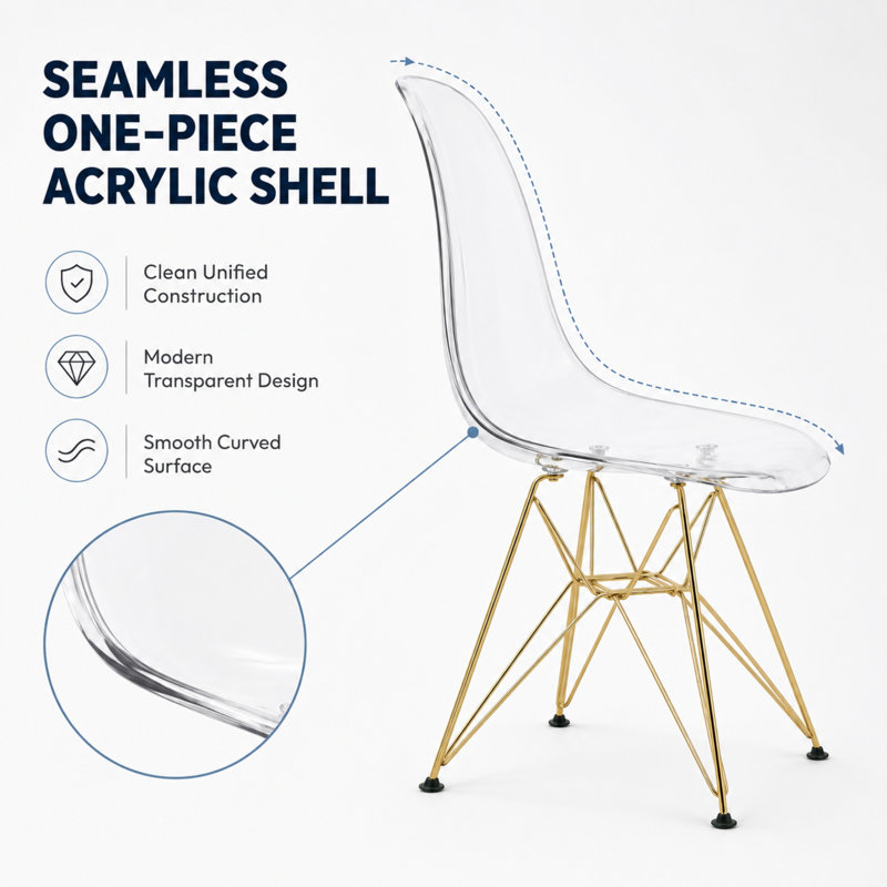 Northfleet Acrylic Dining Chair – Modern Eiffel Base Ghost Chair Accent Seating in Single, Set of 2, or Set of 4 – Gold or Chrome Legs for Banquet, Wedding, Office & Living Room Use