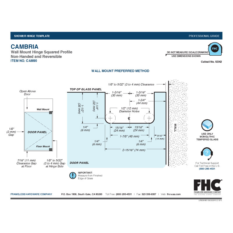 Charnière pivotante carrée en L 3/8 po FHC CAM90MB Cambria - noir mat