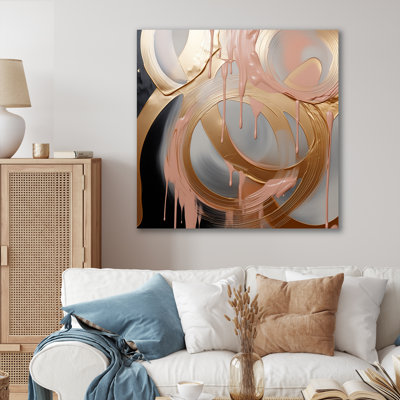 Abstrait, or et rose, encre liquide, cercles IV - formes abstraites, art mural
