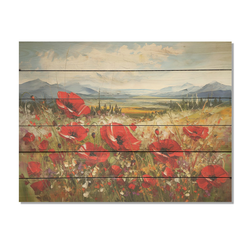 Champ de coquelicots rouges en montagne I - coquelicots, art mural sur bois de pin naturel, H 30 po x l 40 po