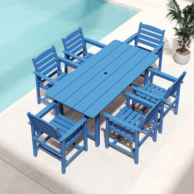  6 - Person Rectangular Outdoor Dining Set with 6 Chairs, Hdpe Patio Dining Table Sets, Blue