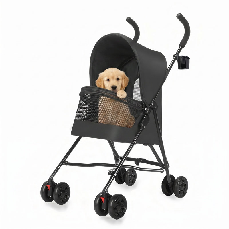 Black Foldable Pet Stroller with Mesh Ventilation & Cup Holder for Small Dogs & Cats